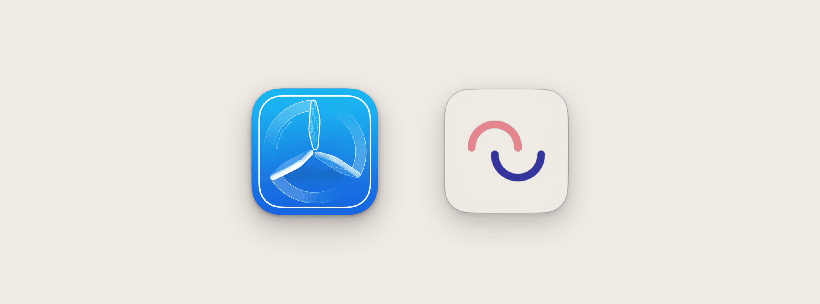 Two mobile app icons: blue TestFlight app icon with airplane symbol on left, and white app icon with pink and blue circular logo design on right