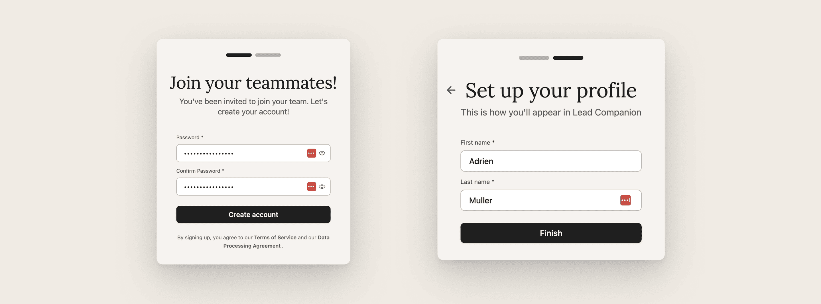 Two-step account creation process: password setup and profile configuration to start using Lead Companion app